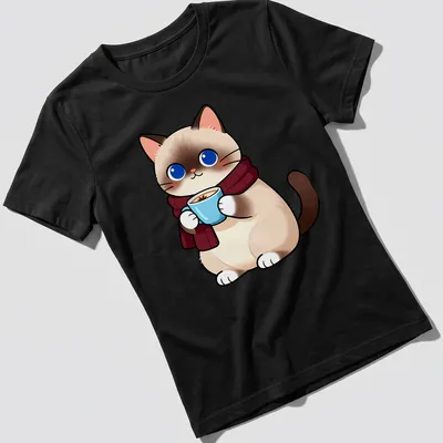 Kawaii illustration of a cute Birman cat holding a vanilla chai latte — printed on a women's shirt