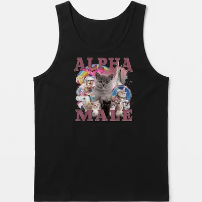 Colorful shirt featuring cute cats around the text 'ALPHA MALE' in playful font
