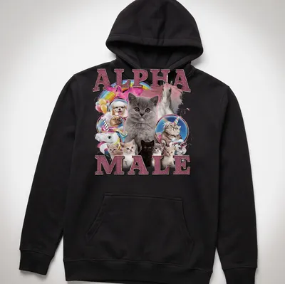Colorful shirt featuring cute cats around the text 'ALPHA MALE' in playful font — printed on a unisex hoodie