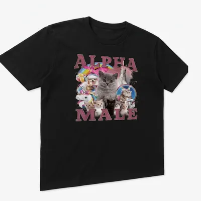 Colorful shirt featuring cute cats around the text 'ALPHA MALE' in playful font — angled view