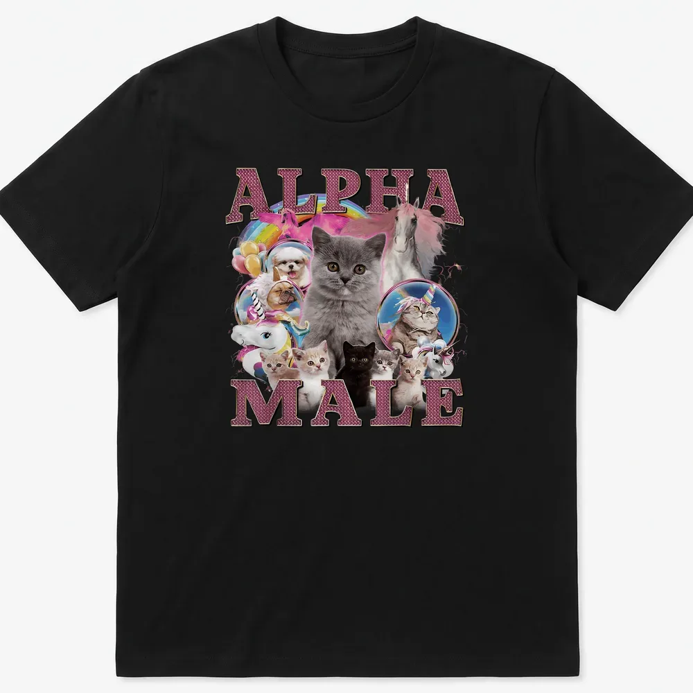 Colorful shirt featuring cute cats around the text 'ALPHA MALE' in playful font