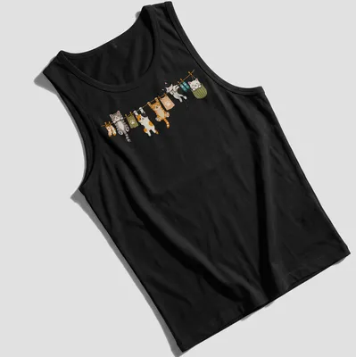 Kawaii print of cute cats hanging in playful poses in various colors — printed on a tank top