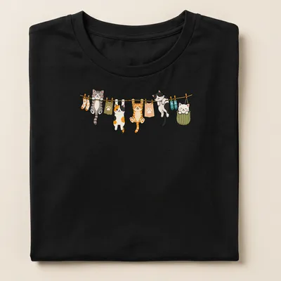 Kawaii print of cute cats hanging in playful poses in various colors — printed on a women's shirt