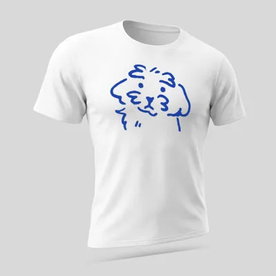 Simple line art of a cute dog in blue on a — printed on a unisex t-shirt (angled view)