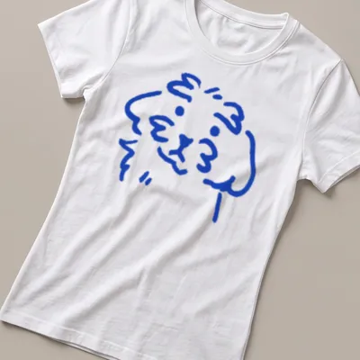 Simple line art of a cute dog in blue on a — printed on a women's shirt