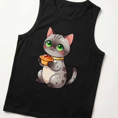 Kawaii Egyptian Mau cat holding a honey fig tart in gray, white, green, orange, and pink — printed on a tank top