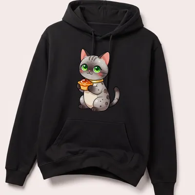 Kawaii Egyptian Mau cat holding a honey fig tart in gray, white, green, orange, and pink — printed on a unisex hoodie