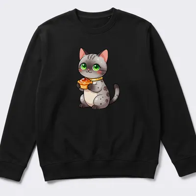 Kawaii Egyptian Mau cat holding a honey fig tart in gray, white, green, orange, and pink — printed on a unisex sweatshirt