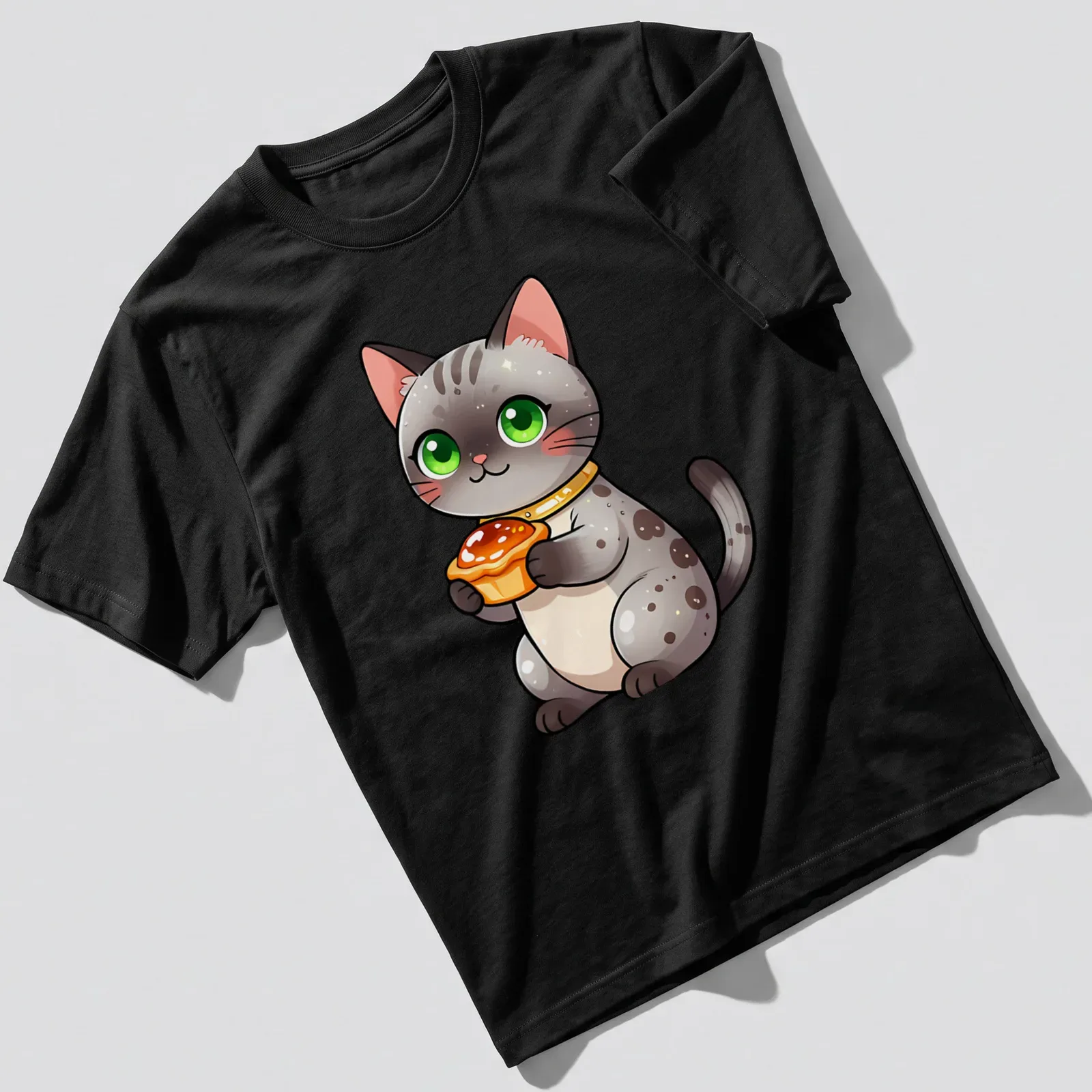 Kawaii Egyptian Mau cat holding a honey fig tart in gray, white, green, orange, and pink — printed on a unisex t-shirt