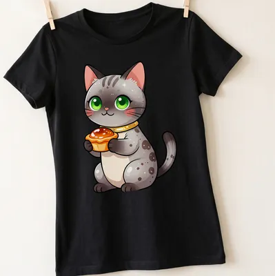 Kawaii Egyptian Mau cat holding a honey fig tart in gray, white, green, orange, and pink — printed on a women's shirt