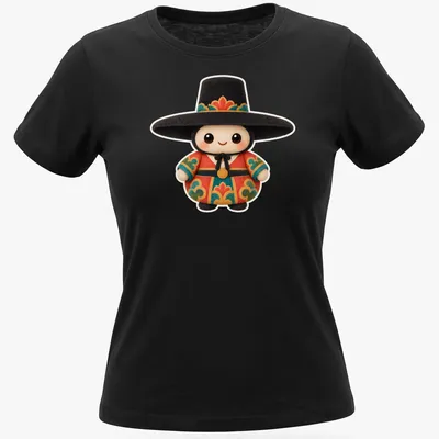 Cute mascot character in a scholar hat illustrated in vibrant colors — printed on a women's shirt
