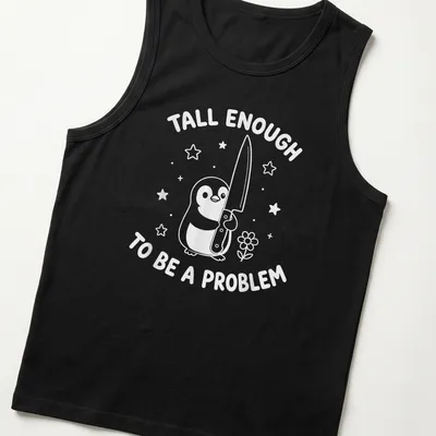 Kawaii line-art penguin holding a knife with humorous text about height. — printed on a tank top