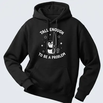 Kawaii line-art penguin holding a knife with humorous text about height. — printed on a unisex hoodie