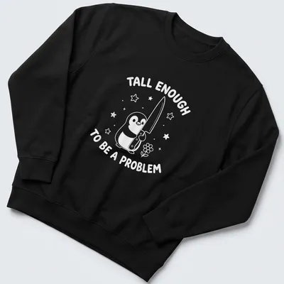 Kawaii line-art penguin holding a knife with humorous text about height. — printed on a unisex sweatshirt