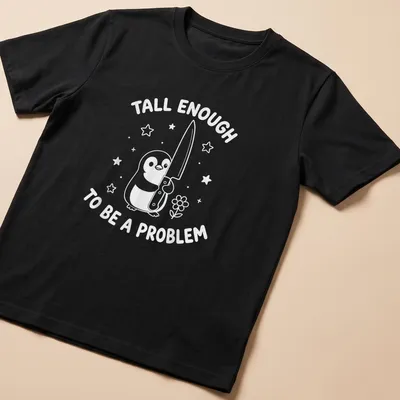 Kawaii line-art penguin holding a knife with humorous text about height.