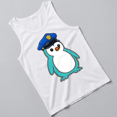 Cartoon penguin in a police uniform, featuring blue, white, and orange colors. — printed on a tank top