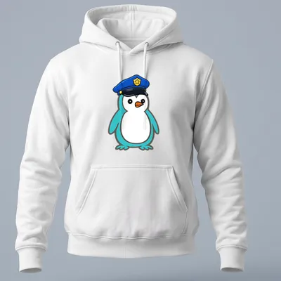 Cartoon penguin in a police uniform, featuring blue, white, and orange colors. — printed on a unisex hoodie