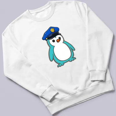 Cartoon penguin in a police uniform, featuring blue, white, and orange colors. — printed on a unisex sweatshirt