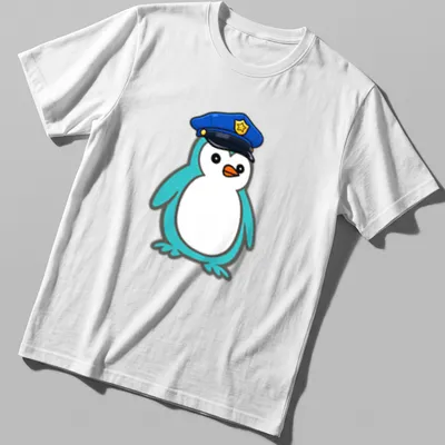 Cartoon penguin in a police uniform, featuring blue, white, and orange colors.