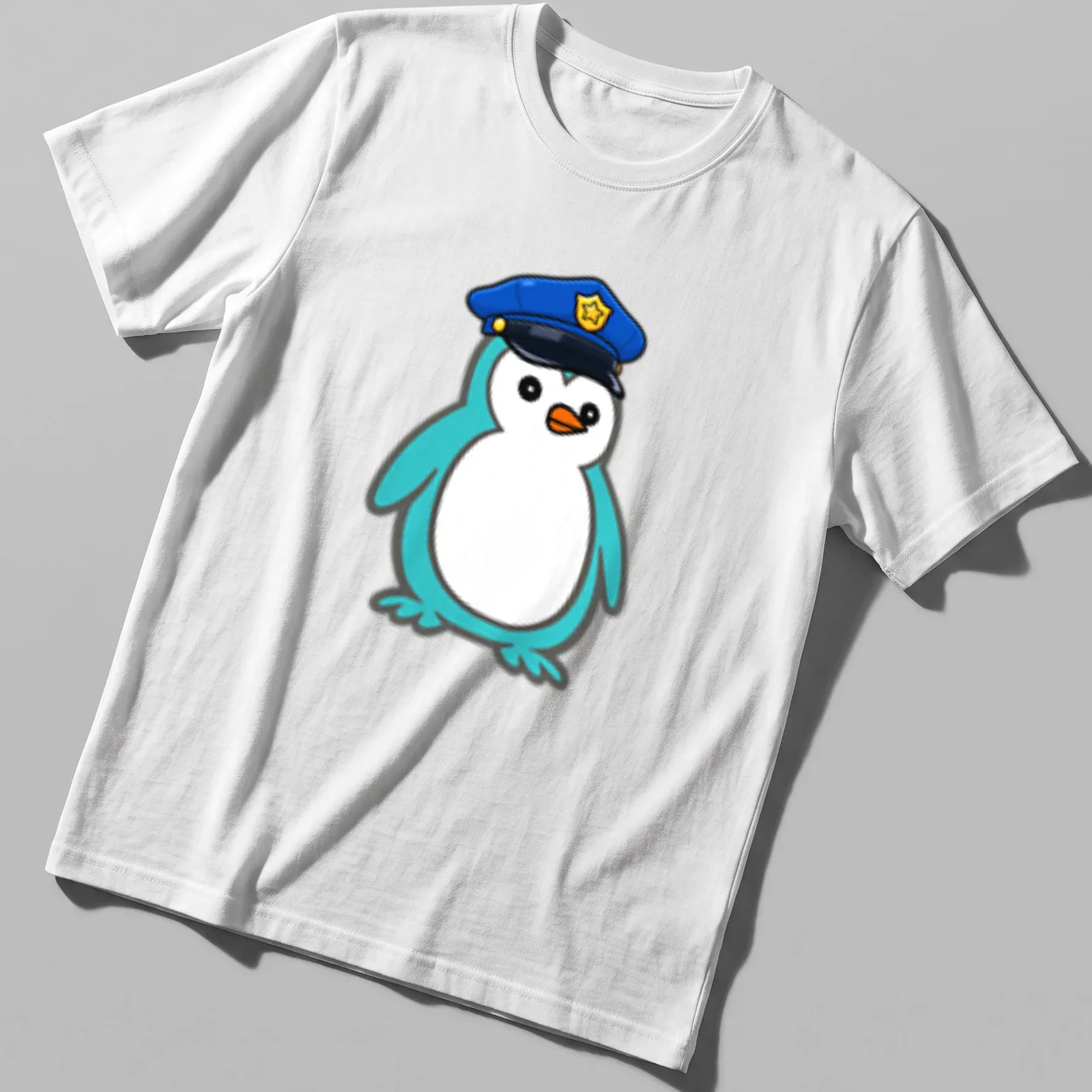 Cartoon penguin in a police uniform, featuring blue, white, and orange colors. — printed on a unisex t-shirt