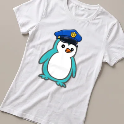 Cartoon penguin in a police uniform, featuring blue, white, and orange colors. — printed on a women's shirt