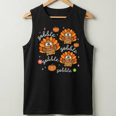 Kawaii cute turkey with cheerful expression and Gobble Gobble text in vibrant colors — printed on a tank top