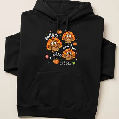 Kawaii cute turkey with cheerful expression and Gobble Gobble text in vibrant colors — printed on a unisex hoodie