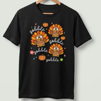 Kawaii cute turkey with cheerful expression and Gobble Gobble text in vibrant colors