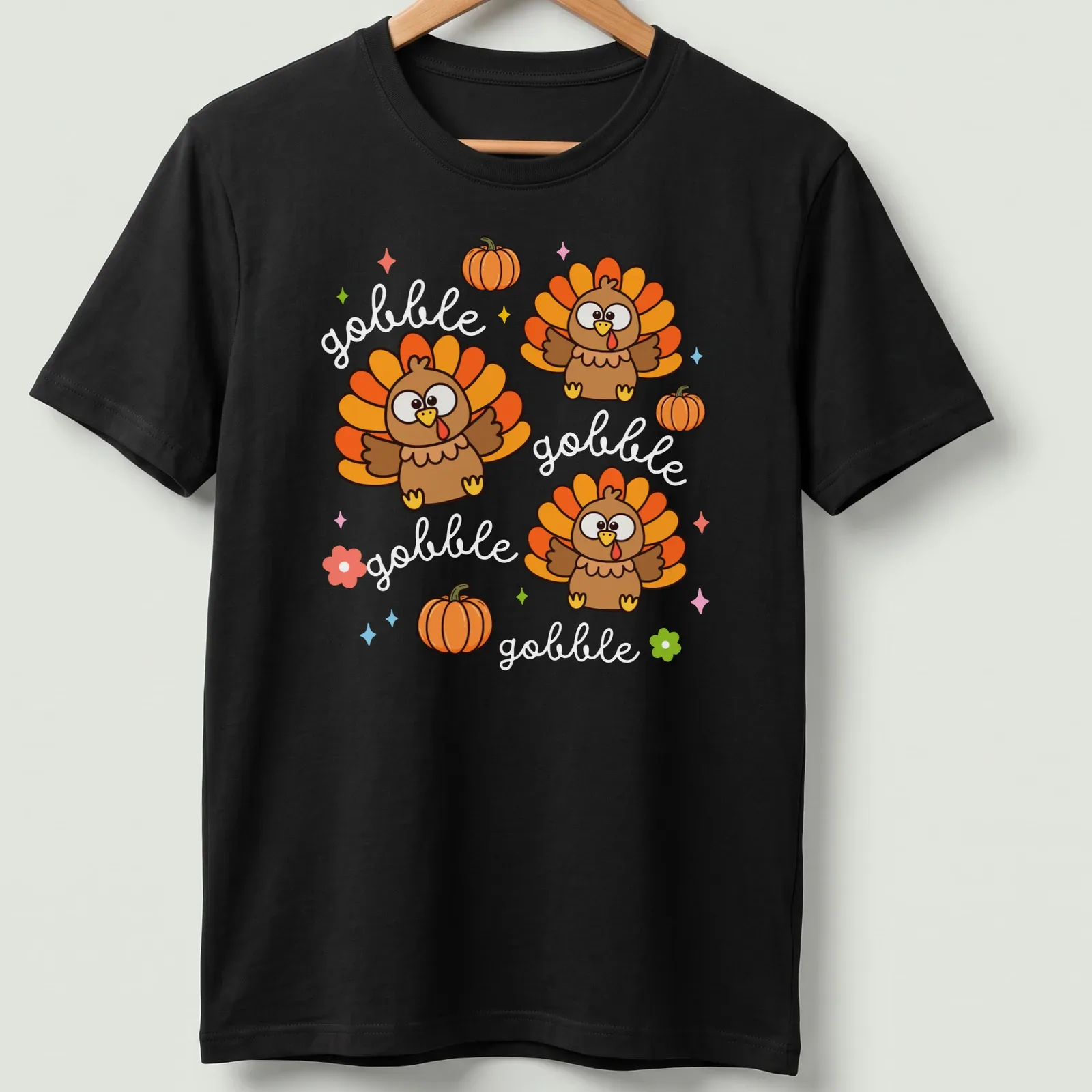 Kawaii cute turkey with cheerful expression and Gobble Gobble text in vibrant colors — printed on a unisex t-shirt