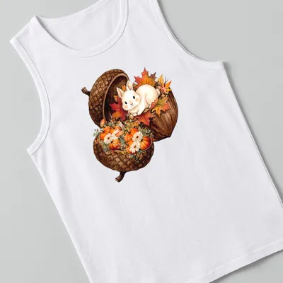 Watercolor bunny sitting in an acorn with surrounded pumpkins in autumn colors — printed on a tank top