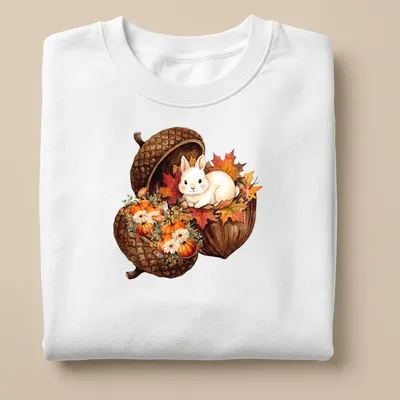 Watercolor bunny sitting in an acorn with surrounded pumpkins in autumn colors — printed on a unisex sweatshirt