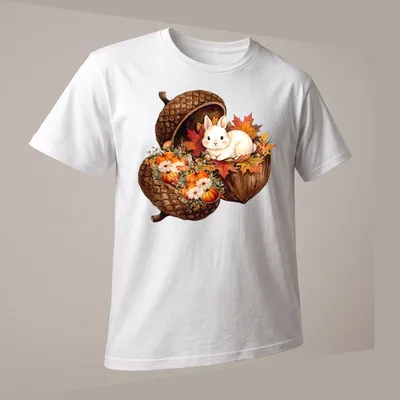Watercolor bunny sitting in an acorn with surrounded pumpkins in autumn colors — printed on a unisex t-shirt (angled view)