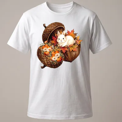 Watercolor bunny sitting in an acorn with surrounded pumpkins in autumn colors