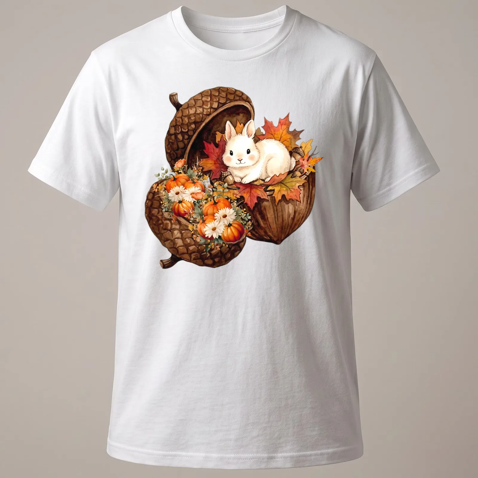 Watercolor bunny sitting in an acorn with surrounded pumpkins in autumn colors — printed on a unisex t-shirt