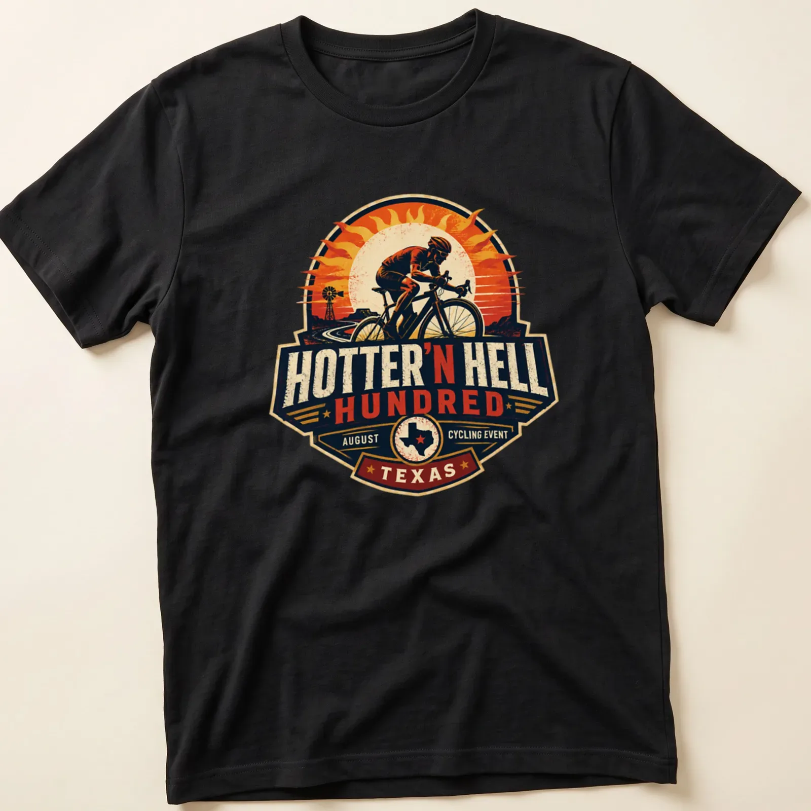 Vintage badge design featuring a cyclist with bold text for a cycling event. — printed on a unisex t-shirt