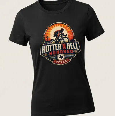Vintage badge design featuring a cyclist with bold text for a cycling event. — printed on a women's shirt