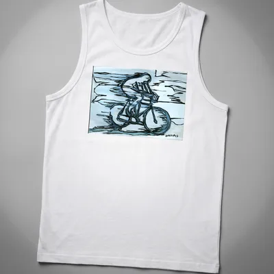 Abstract line art of a cyclist with 'FEMEN Ukraine' text in blue, black, and white — printed on a tank top
