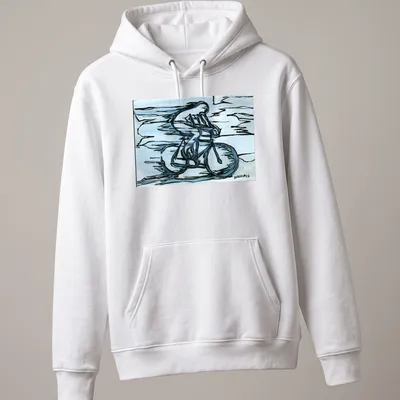 Abstract line art of a cyclist with 'FEMEN Ukraine' text in blue, black, and white — printed on a unisex hoodie
