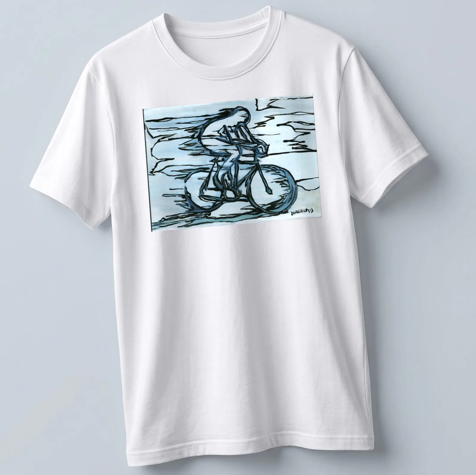 Abstract line art of a cyclist with 'FEMEN Ukraine' text in blue, black, and white — printed on a unisex t-shirt