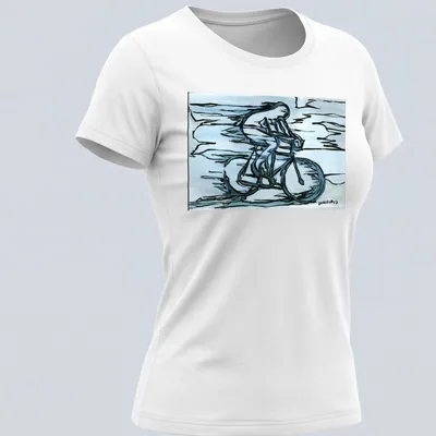 Abstract line art of a cyclist with 'FEMEN Ukraine' text in blue, black, and white — printed on a women's shirt