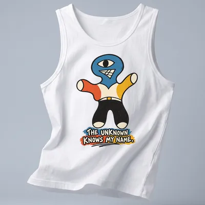 Colorful cartoon Cyclops character with text 'THE UNKNOWN KNOWS MY NAME.' — printed on a tank top