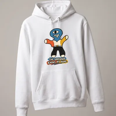 Colorful cartoon Cyclops character with text 'THE UNKNOWN KNOWS MY NAME.' — printed on a unisex hoodie