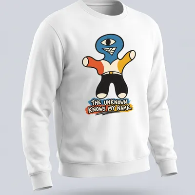 Colorful cartoon Cyclops character with text 'THE UNKNOWN KNOWS MY NAME.' — printed on a unisex sweatshirt