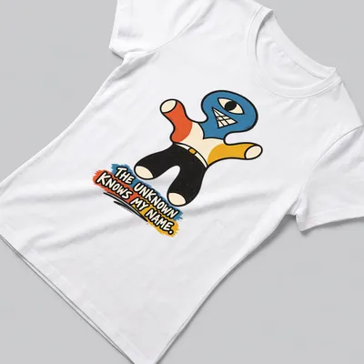 Colorful cartoon Cyclops character with text 'THE UNKNOWN KNOWS MY NAME.' — printed on a women's shirt