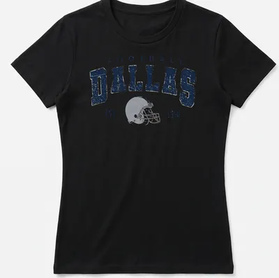Retro distressed Dallas football helmet graphic with text Est. 1960 — printed on a women's shirt