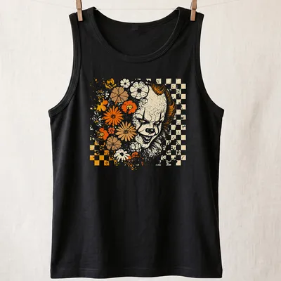 Retro floral checkerboard design featuring a dancing clown with vibrant colors — printed on a tank top