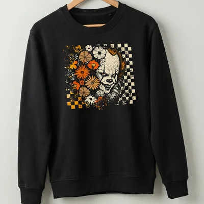 Retro floral checkerboard design featuring a dancing clown with vibrant colors — printed on a unisex sweatshirt