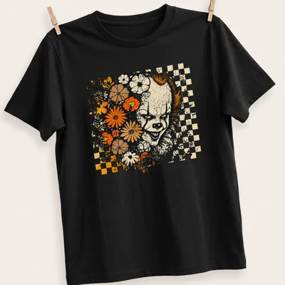 Retro floral checkerboard design featuring a dancing clown with vibrant colors