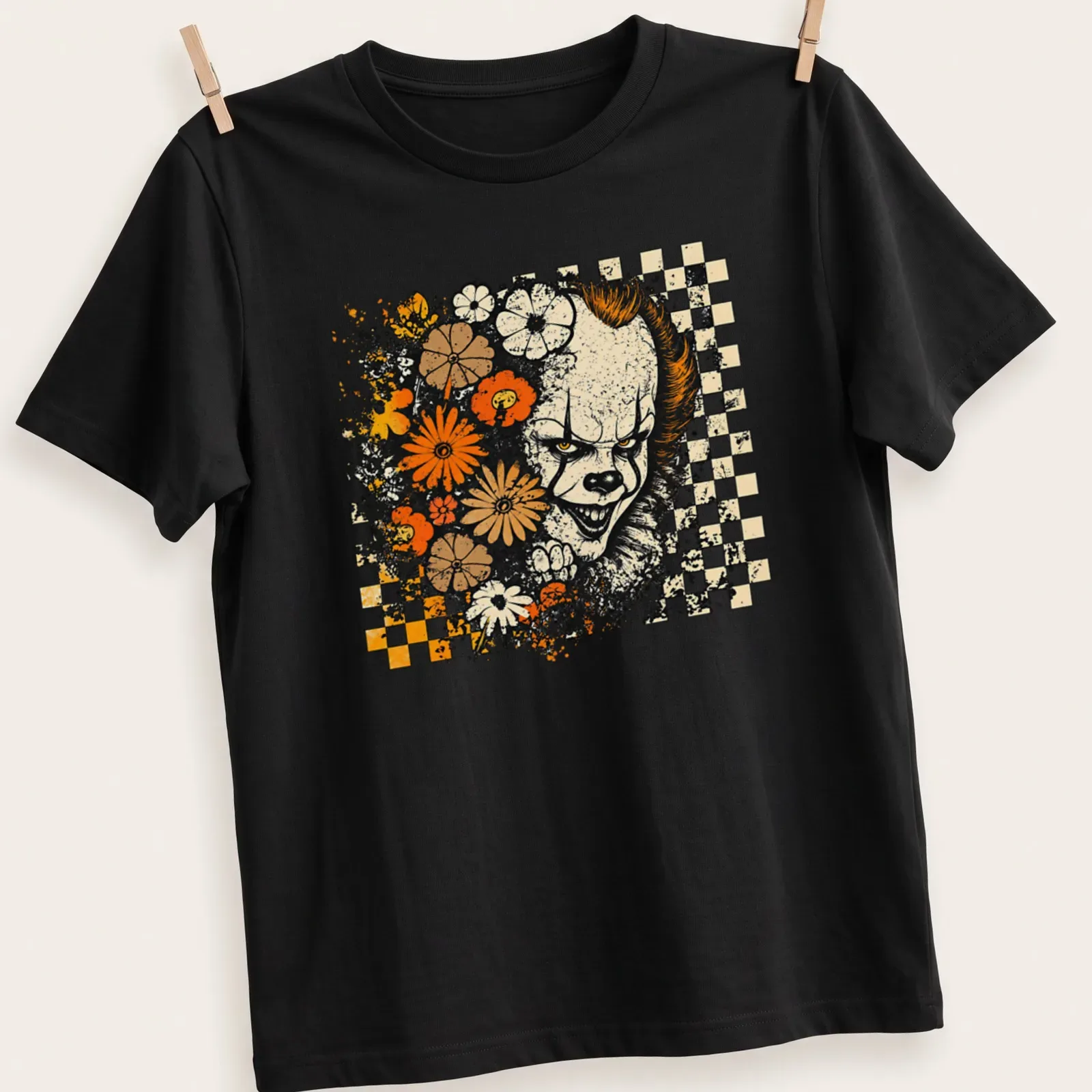Retro floral checkerboard design featuring a dancing clown with vibrant colors — printed on a unisex t-shirt