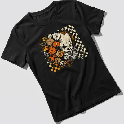 Retro floral checkerboard design featuring a dancing clown with vibrant colors — printed on a women's shirt